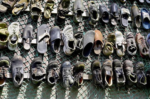 Shoes fished out of the sea by beachcombers, Maritime and Beachcomber Museum Flora, the world's