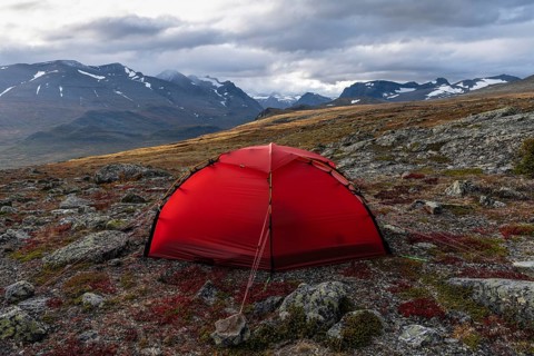 Tent in mountain landscape, Sarek National Park, World Heritage Laponia, Norrbotten, Lapland,