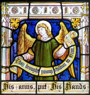 Detail of angel on stained glass window 'Suffer the Little Children' by Burlison & Grylls c 1880,