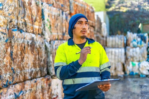 Man doing inventory writing on clipboard outside of a recycling plant area with plastic bales