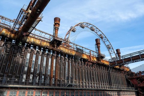 Coke ovens and sun wheel, Zollverein coking plant, UNESCO World Heritage Site, Essen, Ruhr area,