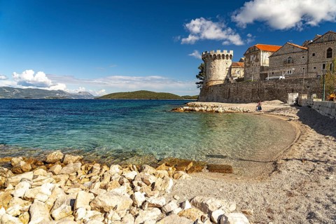 Zakerjan beach and Zakerjan tower in Korcula, Croatia, Europe