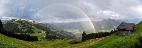 View over the Brixen Valley with rainbow, Hochbrixen, Brixen im Thale, Kitzbühel Alps, Tyrol,