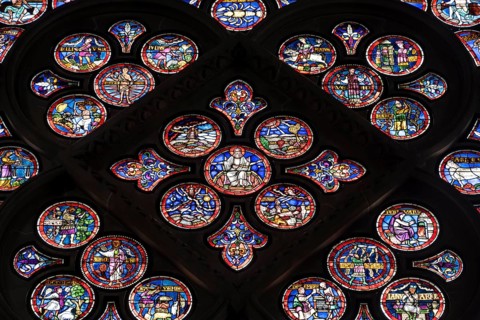 Colourful stained glass windows, Notre-Dame Cathedral, former episcopal church of the diocese of