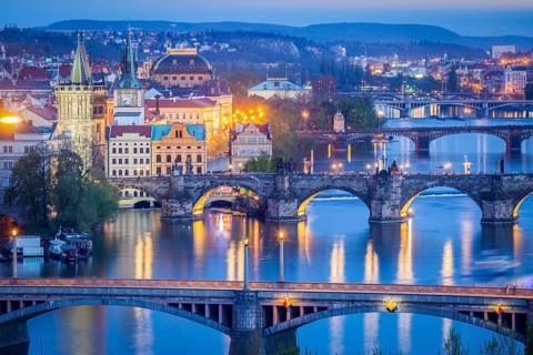 Travel Prague background, elevated view of bridges over Vltava river from Letna Park. Prague, Czech