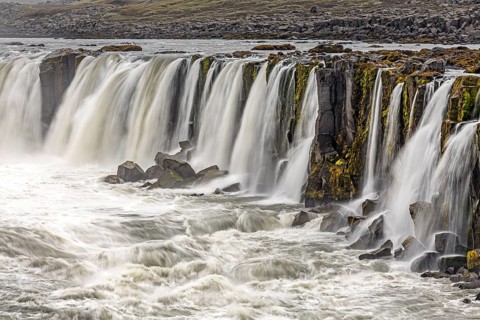 Waterfall at a river, cascades, spray, rapids, summer, foggy, Selfoss, North Iceland, Iceland,