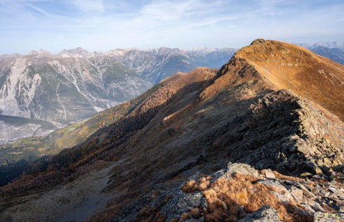 Venet ridge with Kreuzjoch summit, view from the Venet ridge to mountains of the Parzinn group in