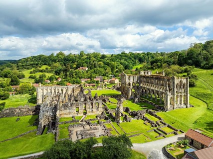 Rievaulx Abbey from a drone, North York Moors National Park, North Yorkshire, England, United