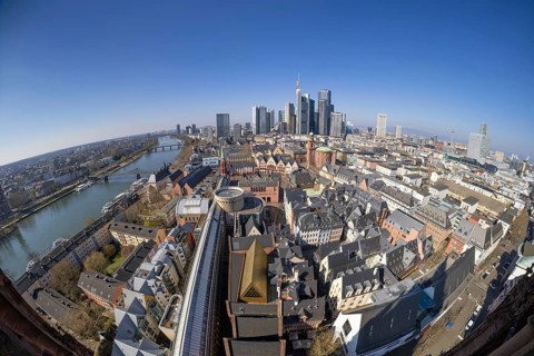 The view from St. Bartholomew's Cathedral takes in Frankfurt city centre and the banking skyline,