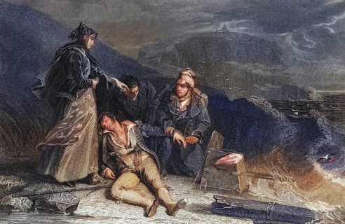 Steel engraving by G. Presbury after a drawing by A. Chisolm of the rescue of Cleveland from