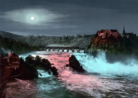 Rhine Falls at night, near Schaffhausen in Switzerland, Historical, digitally restored reproduction