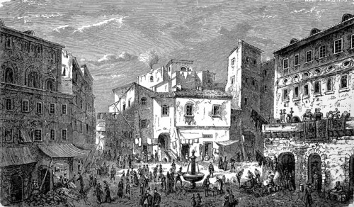 The market square of the ghetto of Rome, Italy, in 1880, Historical, digital reproduction of an