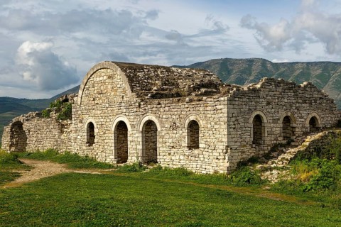 Ruined building in the citadel area of Berat castle, UNESCO World Heritage Site, Berat, Albania,