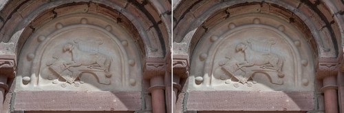 Romanesque reliefs of a sheep above the left and right entrance portals of Villingen Minster of Our