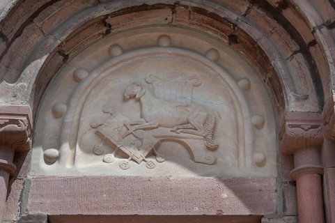 Romanesque relief of a sheep above the left entrance portal of Villingen Minster of Our Lady,