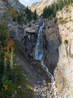Aerial view, Barskon or Barskoon waterfall, mountain landscape with waterfall in a mountain valley,
