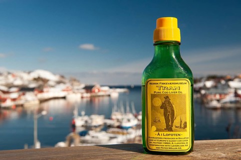 Bottle of cod liver oil, Tran, Å i Lofoten or Å for short, Lofoten, Northern Norway, Norway, Europe