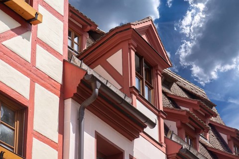 Historic roof bay window on a residential building, Weißgerbergasse, Nuremberg, Middle Franconia,
