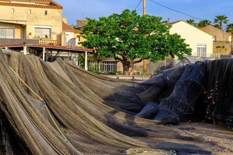 Fishing nets at the harbour of Meze, Mèze, on the Etang Thau, Département Hérault, Region