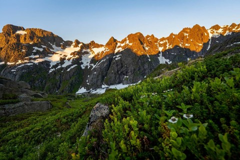Rocky mountain peaks, landscape at the Trollfjord Hytta, mountain landscape with alpenglow at