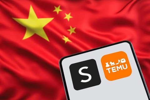 Temu and Shein app logo online marketplace from China with flag online trading ecommerce on a