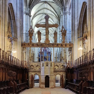 Choir stalls, rood screen, triumphal cross group and nave vault, Cathedral of St Stephen and St