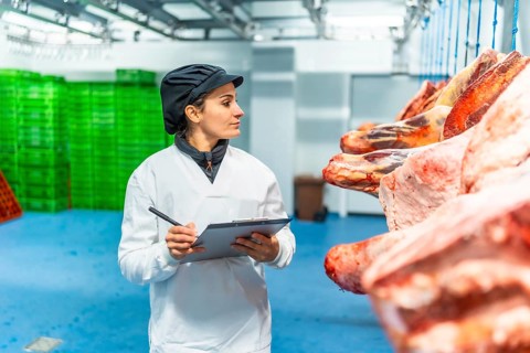 Woman inspecting meat and writing notes in a clipboard in a cold storage room in factory