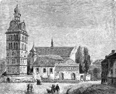 Basilica of St Emmeram in Regensburg, square freestanding tower, tower clock, ridge turret, people,