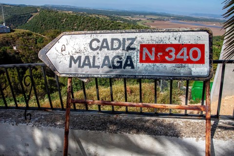 Old signpost to the national road to Cadiz and Malaga, N 340, Vejer de la Frontera, Andalusia,
