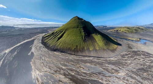 Aerial view, Mælifell mountain covered with moss, Maelifell, black sand desert Mælifellssandur,
