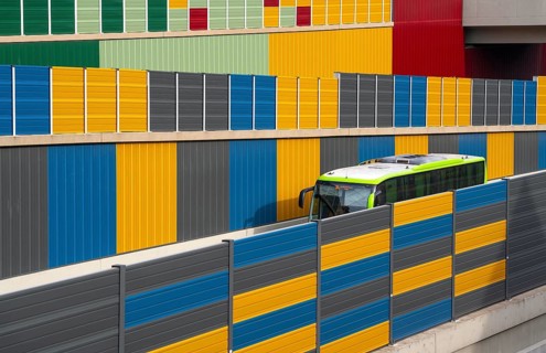 Colourful noise barriers on the A52 motorway, at the Essen-Rüttenscheid junction, the noise