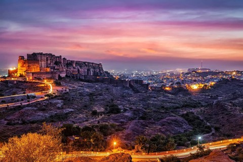 Famous indian tourist landmark Mehrangarh fort in twilight. Jodhpur, Rajasthan, India, Asia