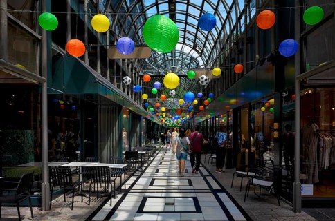 Calwer Passage, shopping arcade, shopping centre, decorated, roofed, lanterns, footballs,