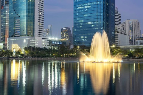 Benjakitti Park, eastern water zone with water fountain, a municipal park in the Khlong Toei