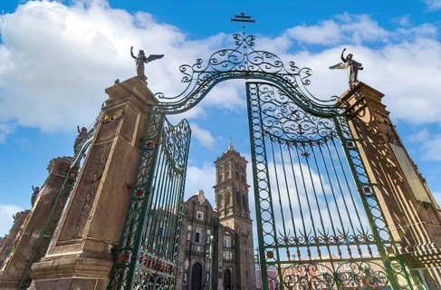 Mexico, Puebla Cathedral on the central Zocalo plaza in historic city center, Central America