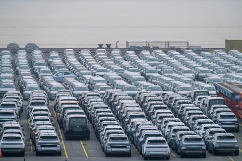 Parking space for import vehicles, hundreds of Hyundai Ioniq, electric cars, waiting for onward