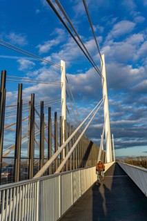 Piers and stay cables of the new motorway bridge of the A40, over the Rhine near Duisburg,