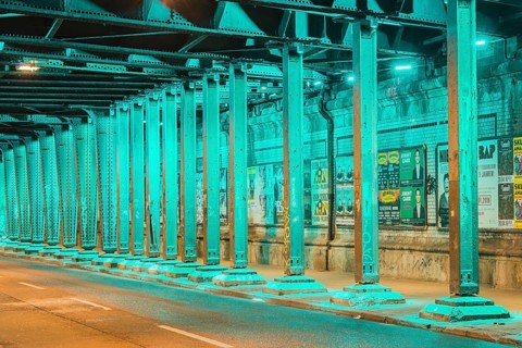 Green illuminated railway subway, Hansaring, Cologne, North Rhine-Westphalia, Germany, Europe