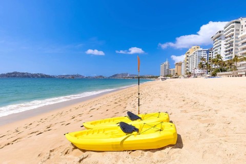 Mexico, Acapulco resort beaches and scenic ocean views near Zona Dorada Golden Beach zone, Central