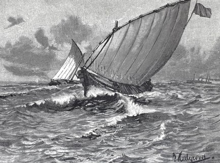 Sailing boat, dhow in stormy seas on the voyage from Tanzania to Zanzibar, 1895, reproduction of an
