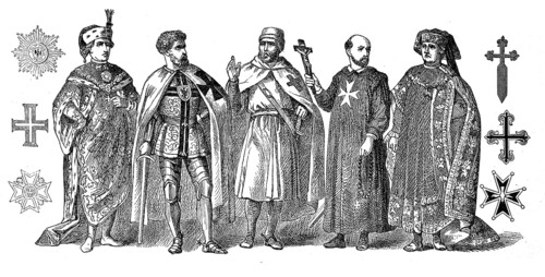 Religious costumes in 1880, from left: Order of St Stephen, Grand Master of the Teutonic Order,