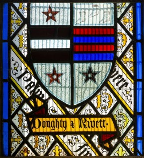 Stained glass window Doughty family crest by Thomas Willement c 1843, Theberton church, Suffolk,