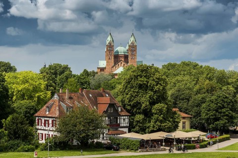 Beer garden on the Rhine and imperial cathedral, St Mary's and St Stephen's Cathedral, UNESCO World