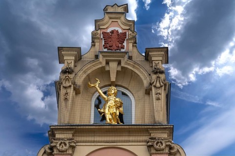 Residential building with gilded figure in baroque-style gable, 1887, Bad Kissingen, Lower