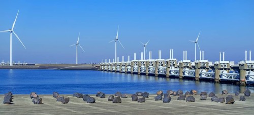 Movable barrier sections of the storm flood barrier, Oosterscheldekering, Eastern Scheldt storm