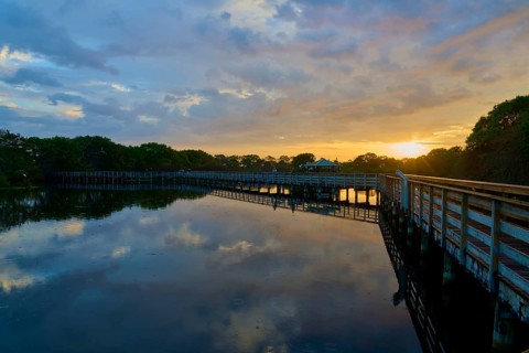 Peaceful lake reflecting the sky at sunset with a wooden bridge stretching across, surrounded by