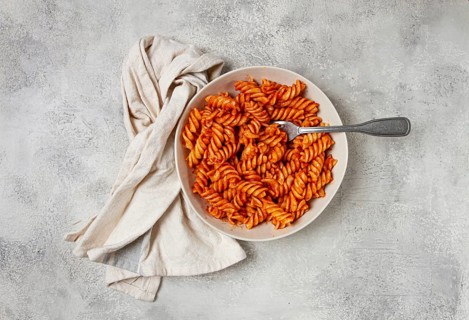 Fusilli pasta dish, made with tomato sauce, homemade, no people