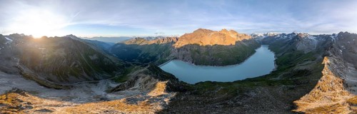 Alpine panorama at Lac de Dix, sunset in the mountains, reservoir, Valais Alps, Valais,