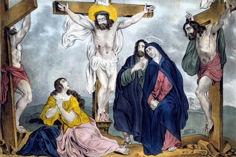 Crucifixion: Jesus on the cross between the two robbers. Virgin Mary, right, with St James and