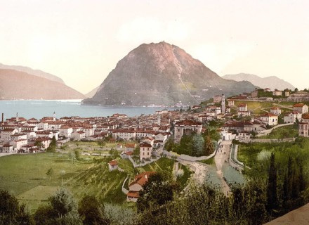 Lugano, from Massagno, Ticino, Switzerland, Historic, digitally restored reproduction from a 19th